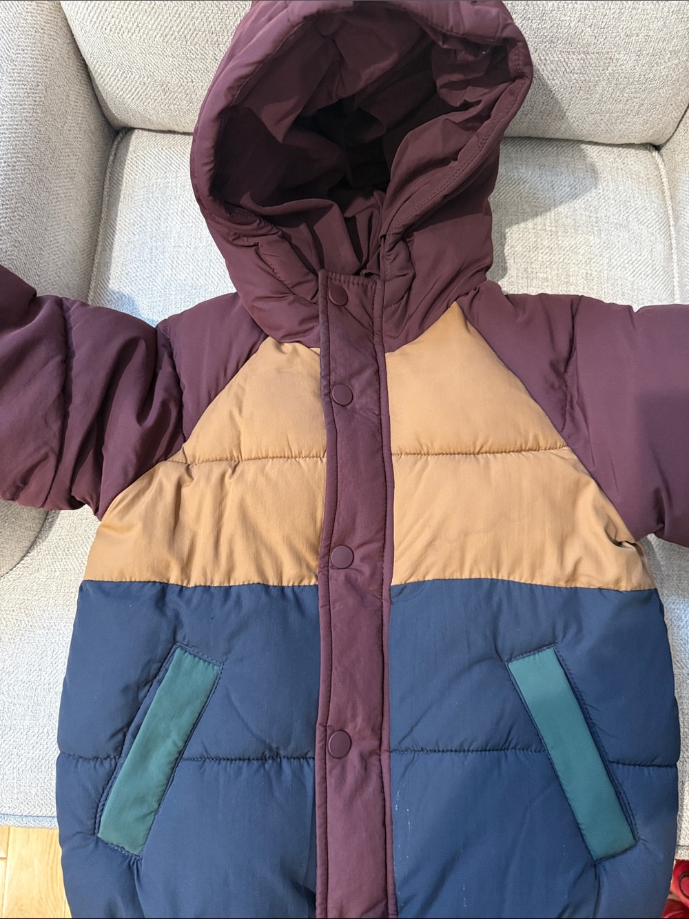 Kids Colorblock Puffer Jacket - Brown, Mustard & Navy